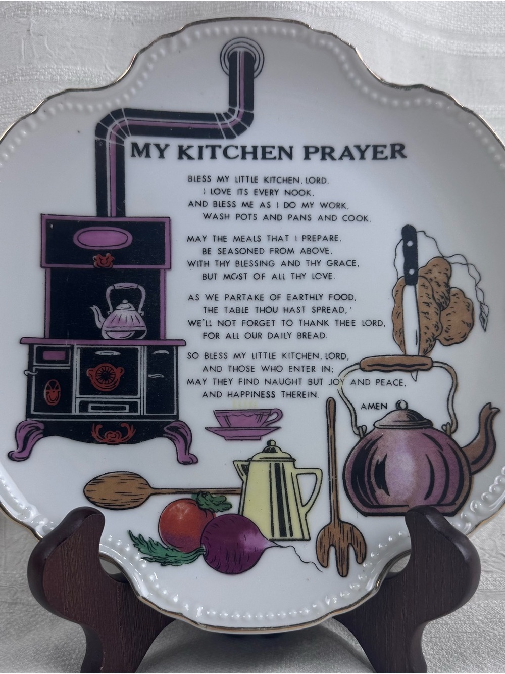 Vintage My Kitchen Prayer Porcelain Gold Trim 8” Hanging Plate Wall Plaque Japan